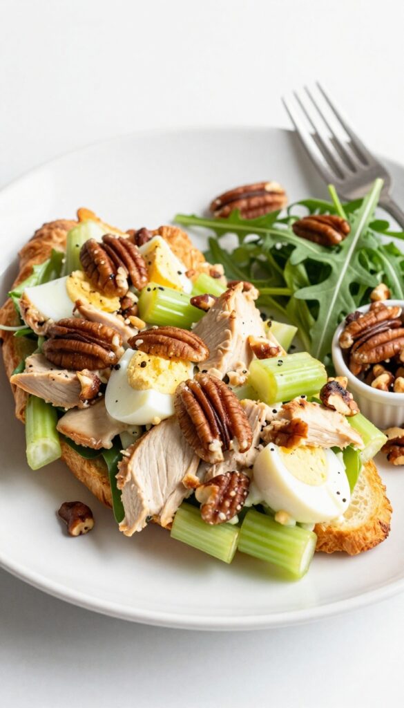 Loaded chicken salad with pecans and celery on a toasted croissant with arugula