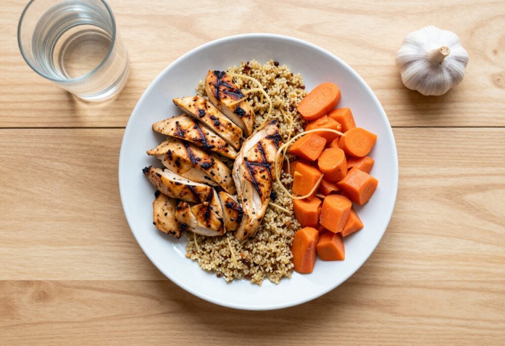 IBS-friendly meal with grilled chicken, carrots, and quinoa on a wooden table