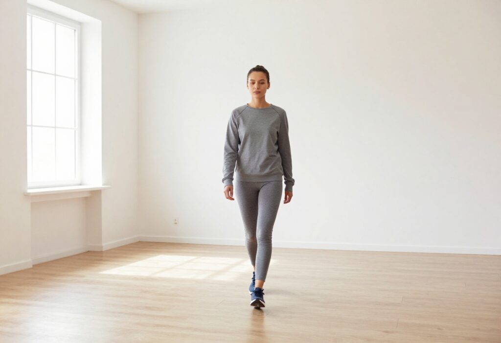 Person walking indoors in a living room