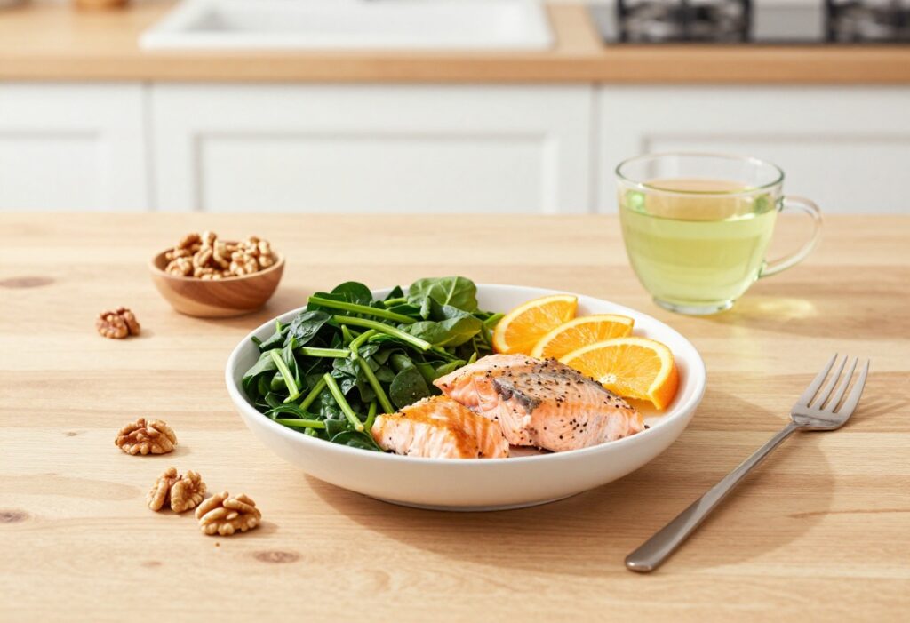 A selection of cortisol-supportive foods including leafy greens, salmon, walnuts, oranges, and green tea on a wooden table.