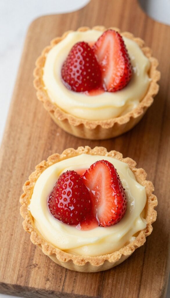 Two baked mini strawberry cheesecakes with graham cracker crust and glossy strawberry topping on a wooden board.