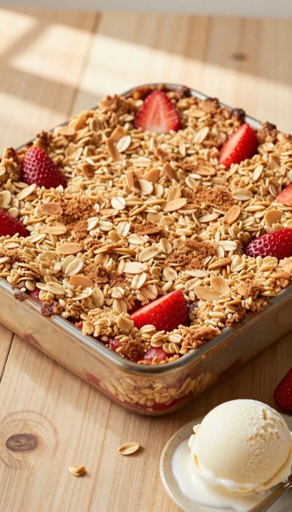 Gluten-free oat strawberry crisp in a baking dish with golden crumble topping and strawberry filling, served with vanilla ice cream.