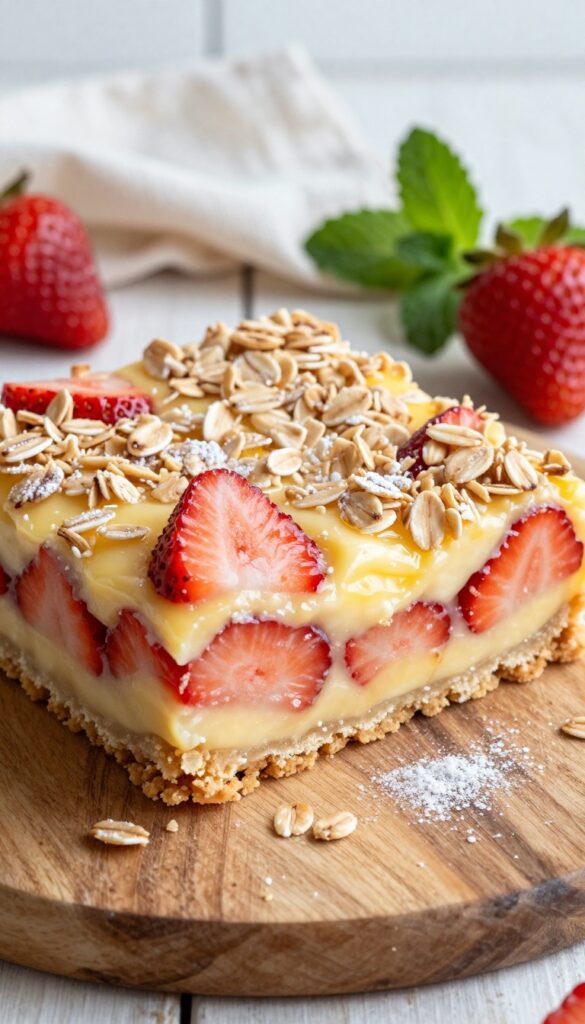 Strawberry lemon bar with crunchy oat crumble topping on a wooden table