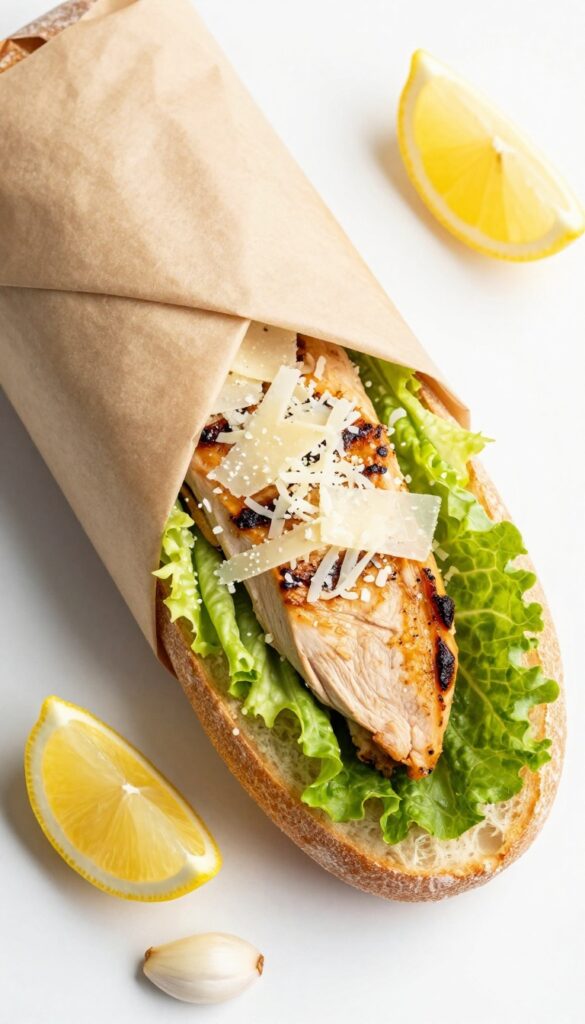 Lemon-garlic Caesar chicken sandwich wrapped in parchment paper with lemon wedges and garlic