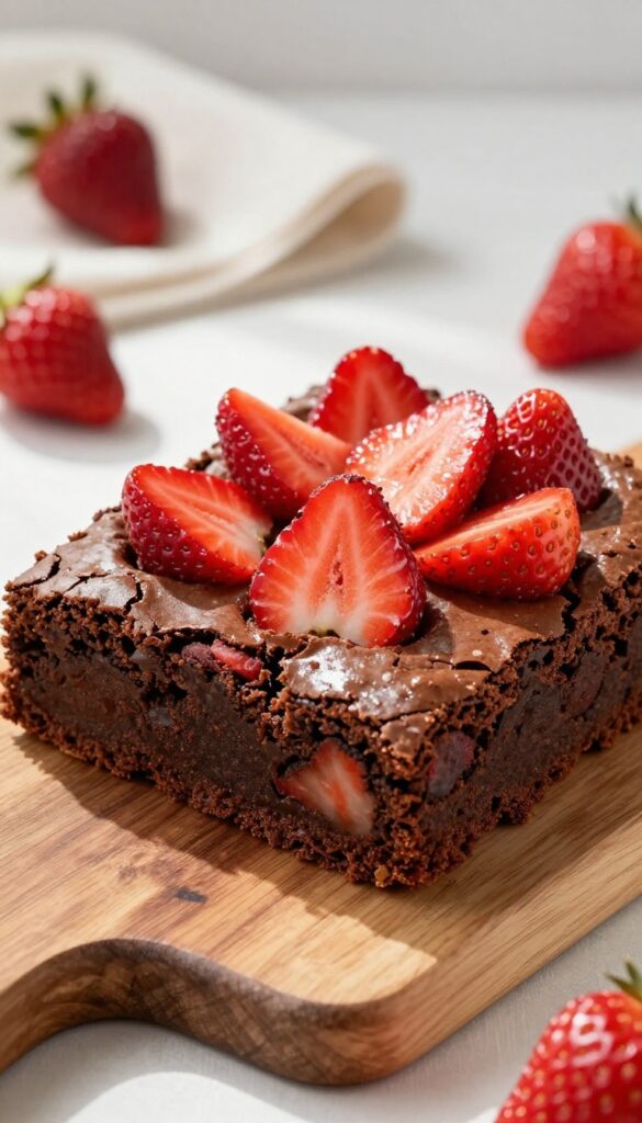 Fresh strawberry chunk brownie on a wooden board with bright natural light