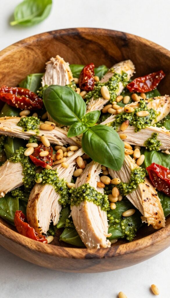 Pesto chicken salad in a wooden bowl with sun-dried tomatoes and pine nuts, garnished with basil.
