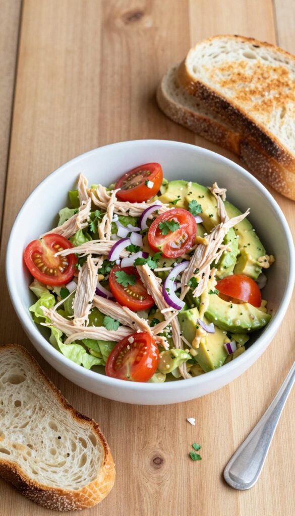 Avocado chicken salad in a bowl with butter lettuce cups and toasted sourdough bread.