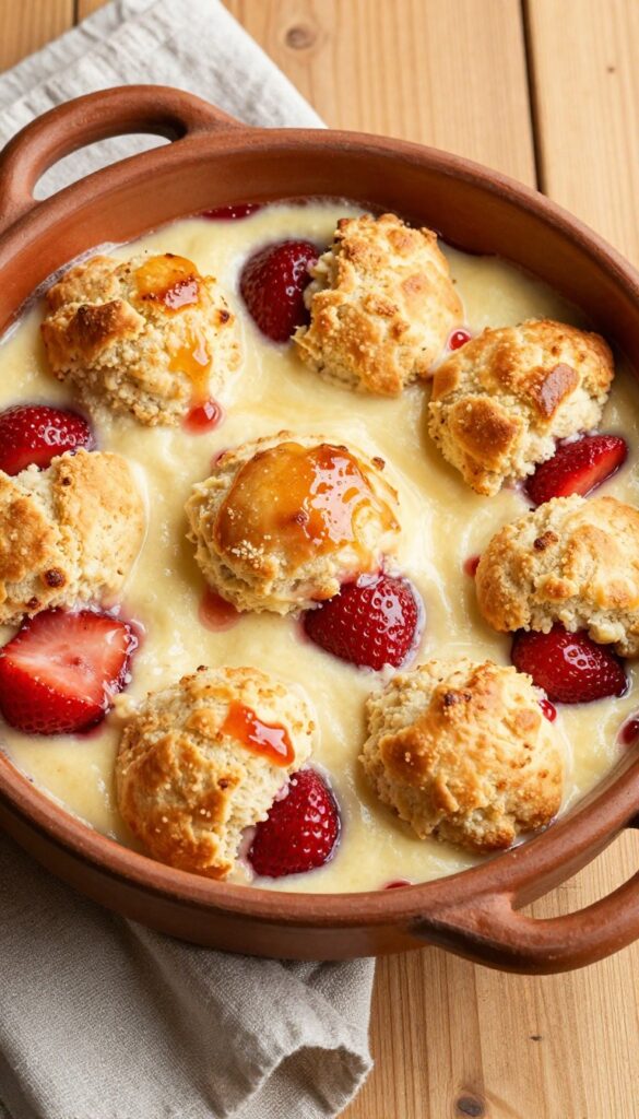 Classic strawberry cobbler with buttermilk biscuits in a baking dish