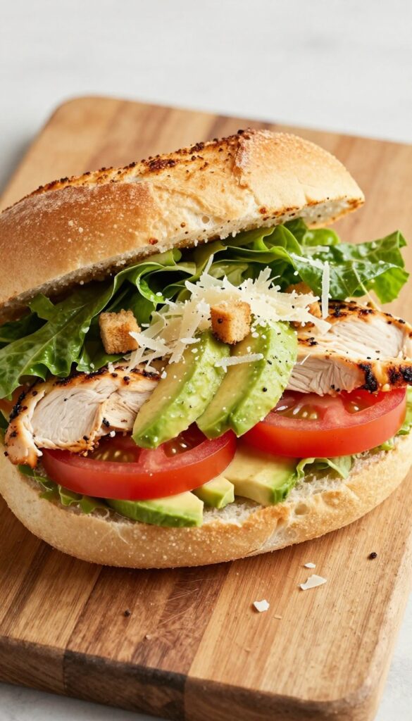 Open-faced grilled chicken Caesar salad sandwich with avocado and tomato on rustic bread