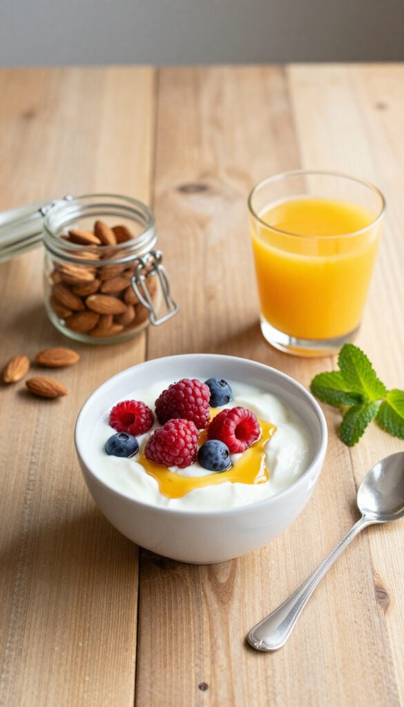 Mediterranean breakfast with Greek yogurt, berries, honey, almonds, and orange juice on a wooden table