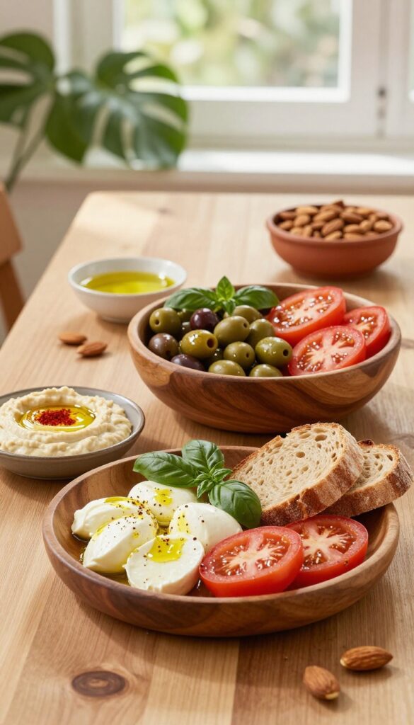 A colorful Mediterranean diet spread on a wooden table featuring olives, tomatoes, mozzarella, bread, olive oil, hummus, and almonds in natural light.