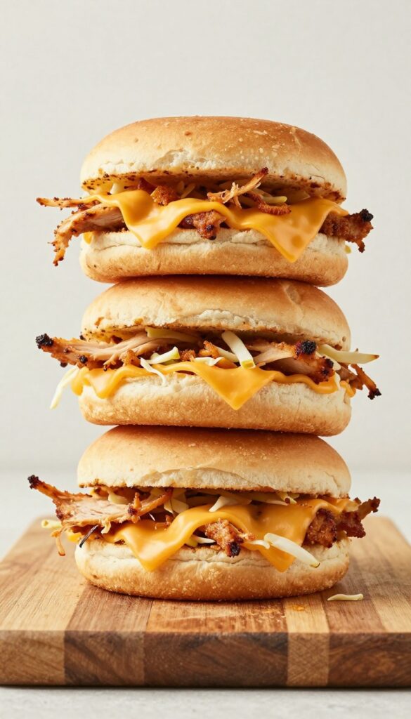 BBQ chicken and cheddar sliders with coleslaw on a wooden board