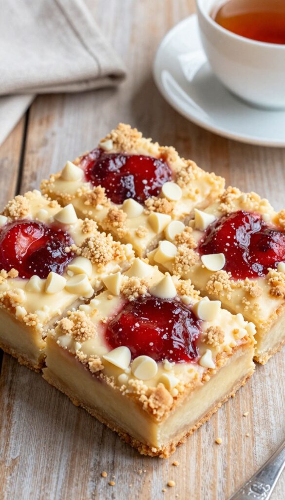 White chocolate strawberry crumble bar on a wooden table with a cup of tea