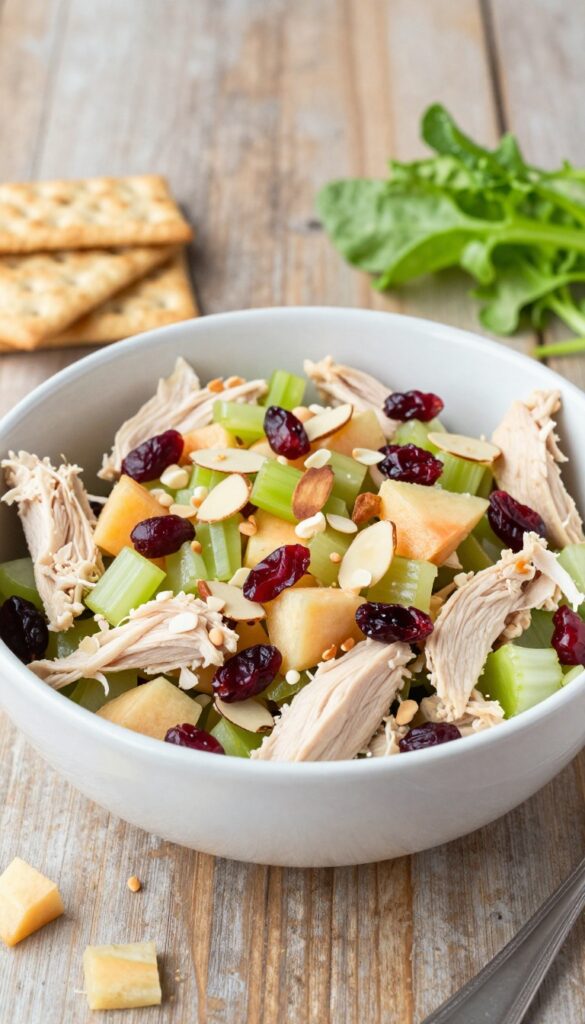 A bowl of cranberry celery crunch chicken salad with almonds and whole-grain crackers on a wooden table.
