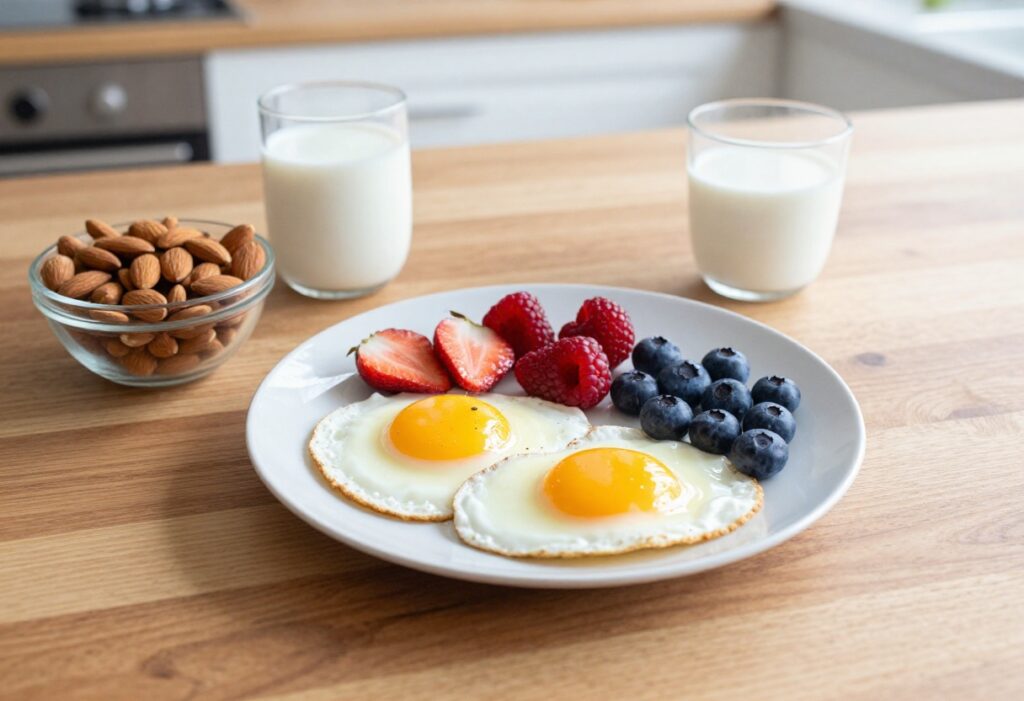 High-protein breakfast with eggs, yogurt, berries, almonds, and milk on a wooden table