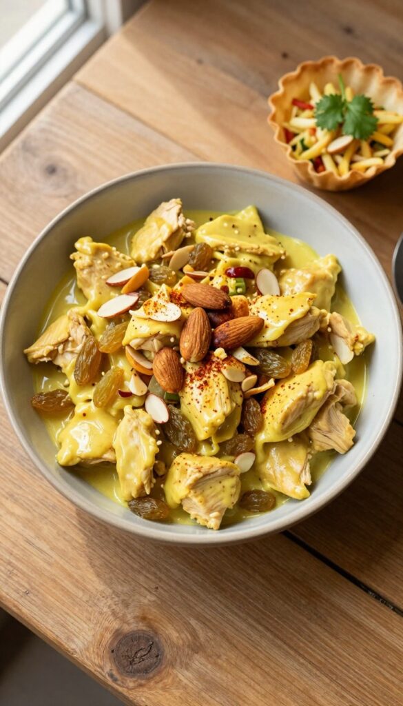 Bowl of curry chicken salad with golden raisins and almonds, garnished with paprika and cilantro, on a wooden table with a filled phyllo cup nearby.