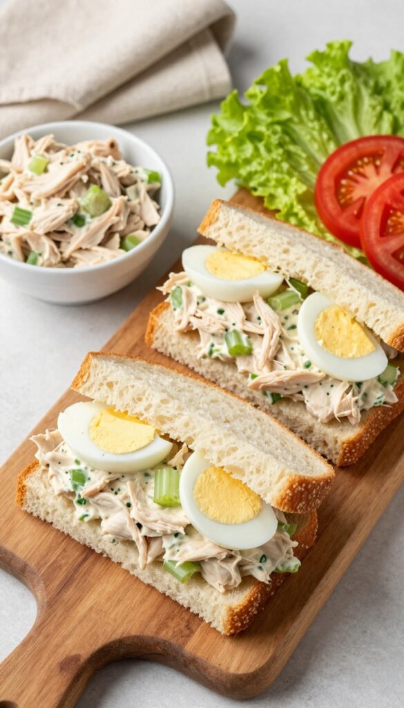 Classic chicken salad sandwiches on soft white bread, cut diagonally, on a wooden board with extra ingredients.