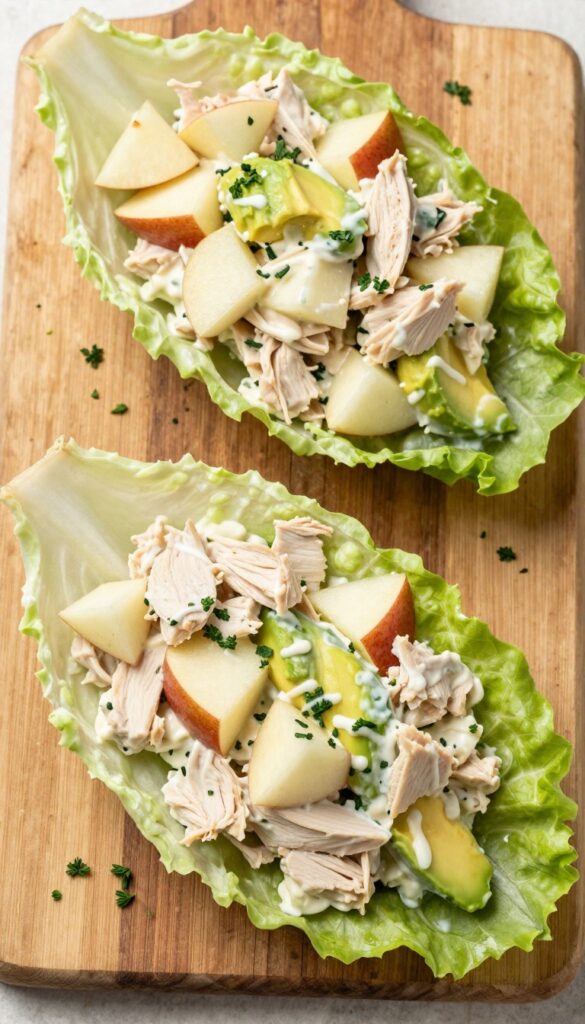 Lettuce cups filled with apple chicken salad and avocado on a wooden board