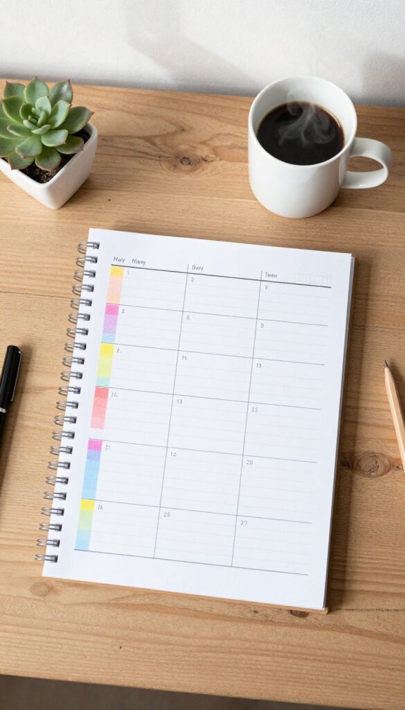 Open planner on a desk with color-coded time blocks, coffee, and a succulent in natural light