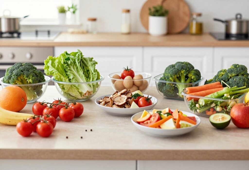 Organized kitchen counter with fresh vegetables and meal planning notebook