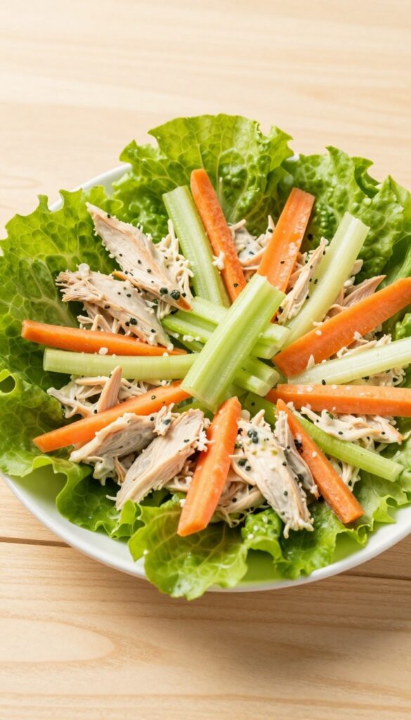 Butter lettuce cups with buffalo chicken salad, celery ribbons, and carrot strips on a wooden table.