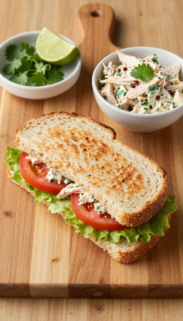 Smoky chipotle lime chicken salad sandwich on toasted bread with lettuce and tomato, served on a wooden table with lime and cilantro.