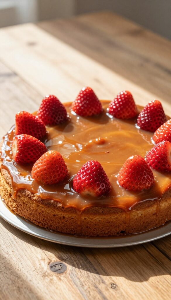 Fresh strawberry upside-down cake with caramelized topping on a wooden table