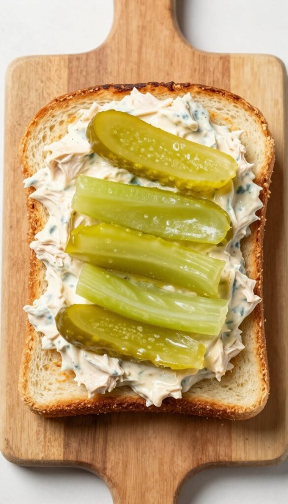 Buffalo chicken salad sandwich on toasted brioche with pickled celery