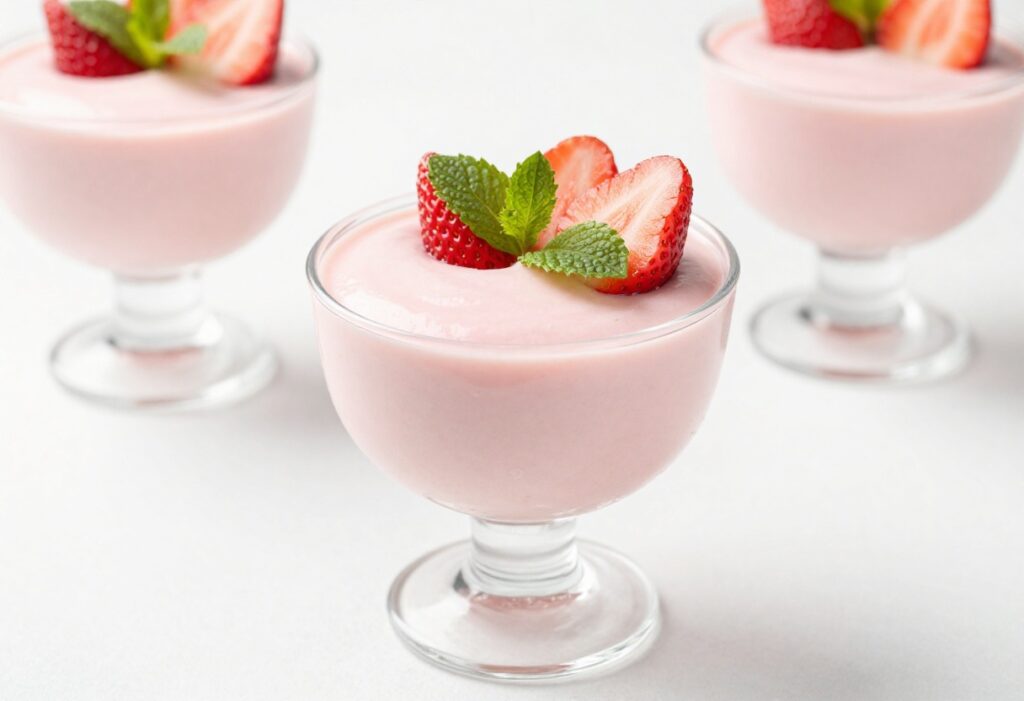 Strawberry mousse in a glass cup topped with fresh strawberries and mint