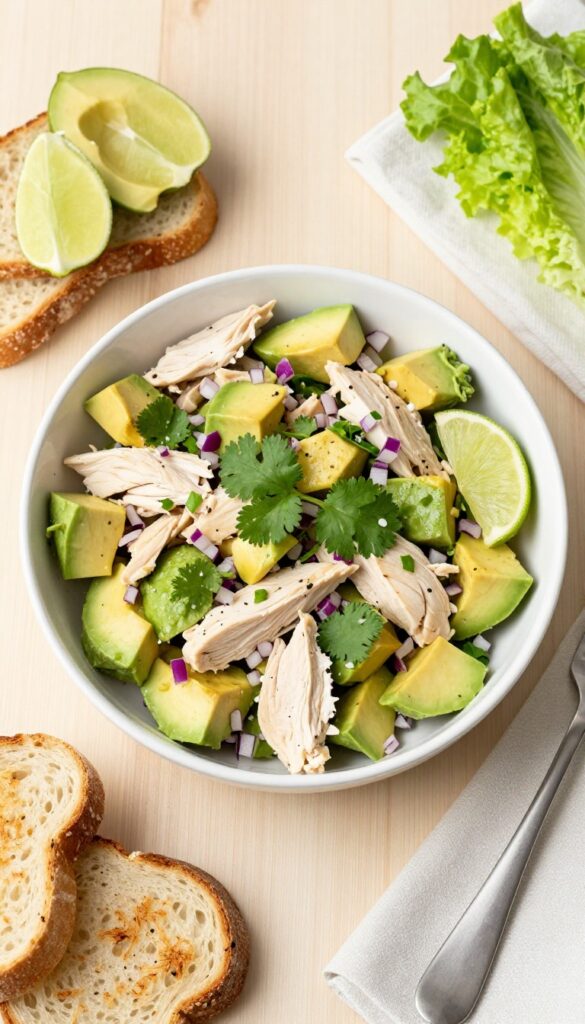 Avocado chicken salad with lime and cilantro in a white bowl, surrounded by toast and lettuce cups.