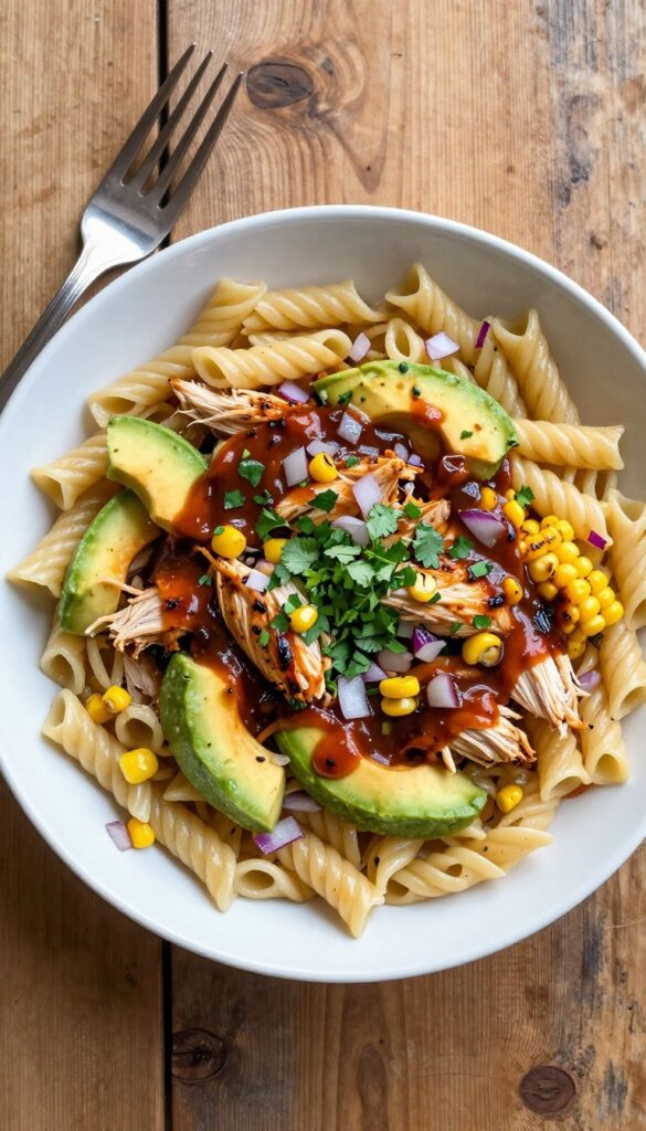 BBQ chicken pasta salad with corn and avocado in a white bowl on a wooden table