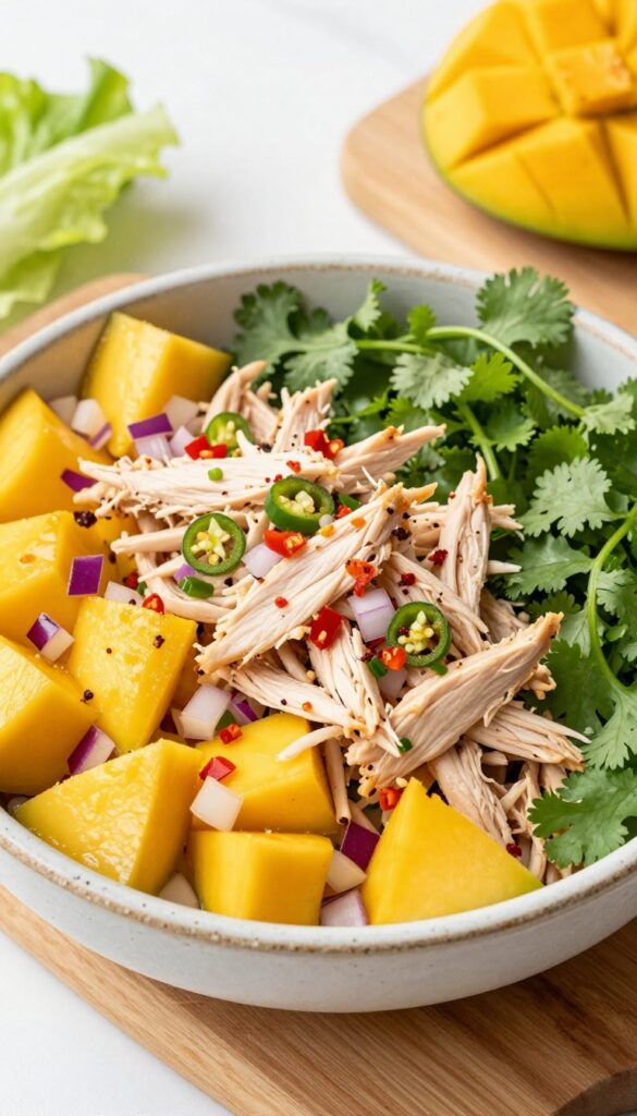 Mango Habanero Chicken Salad with cilantro and lime, served in a bowl with lettuce cups and jicama sticks on a wooden board.