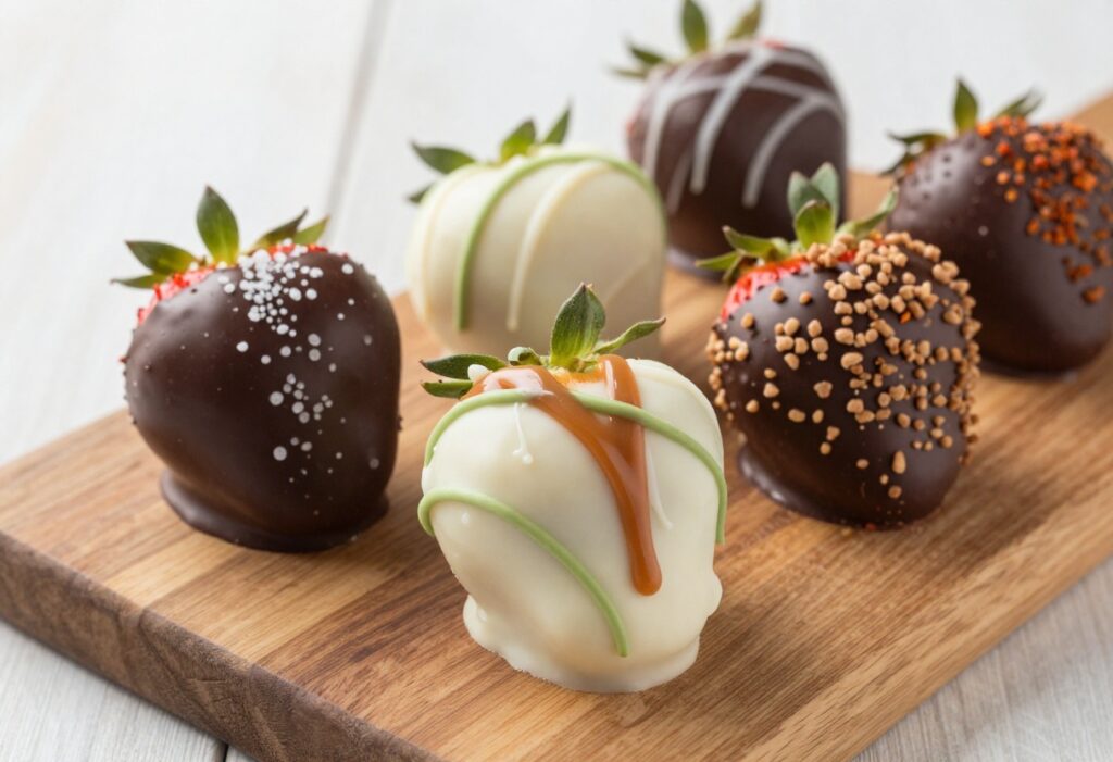 Five varieties of chocolate covered strawberries on a wooden board, including dark chocolate with sea salt, white chocolate matcha, caramel, toffee crunch, and spicy chili.