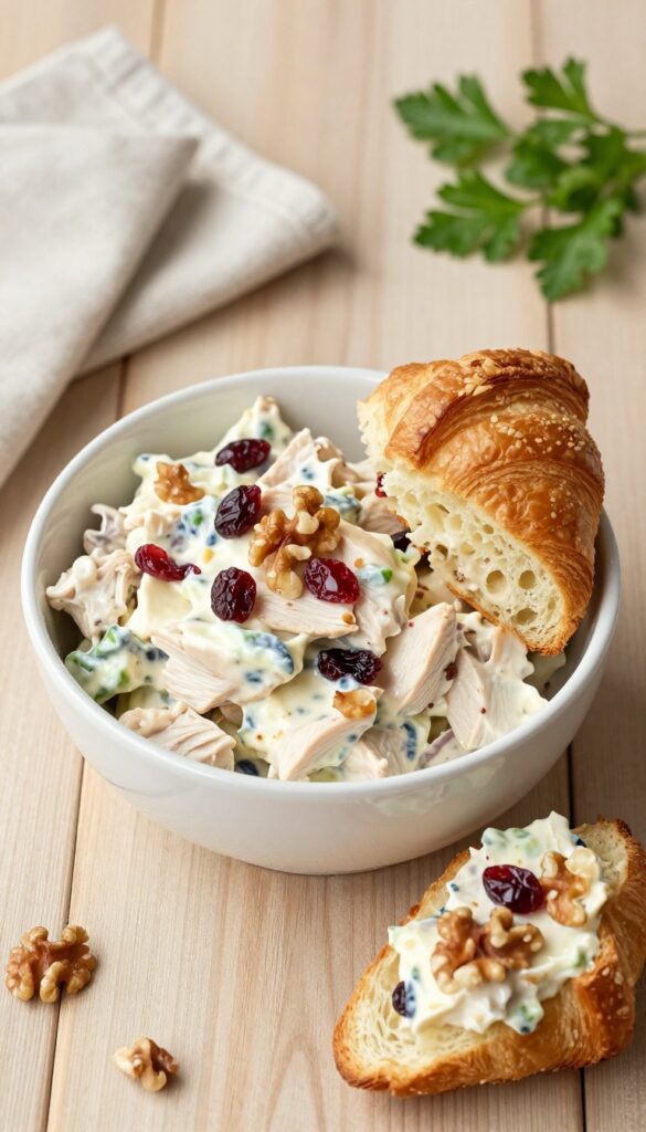 Classic cranberry walnut chicken salad in a white bowl with a topped mini croissant on a wooden table.