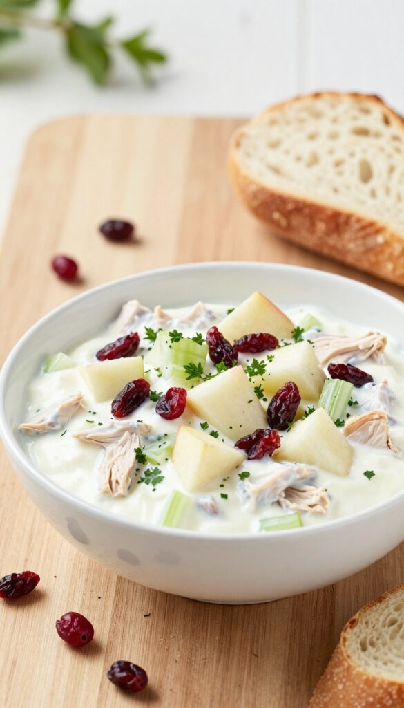 Bowl of Greek yogurt cranberry chicken salad with celery and apples on a wooden table