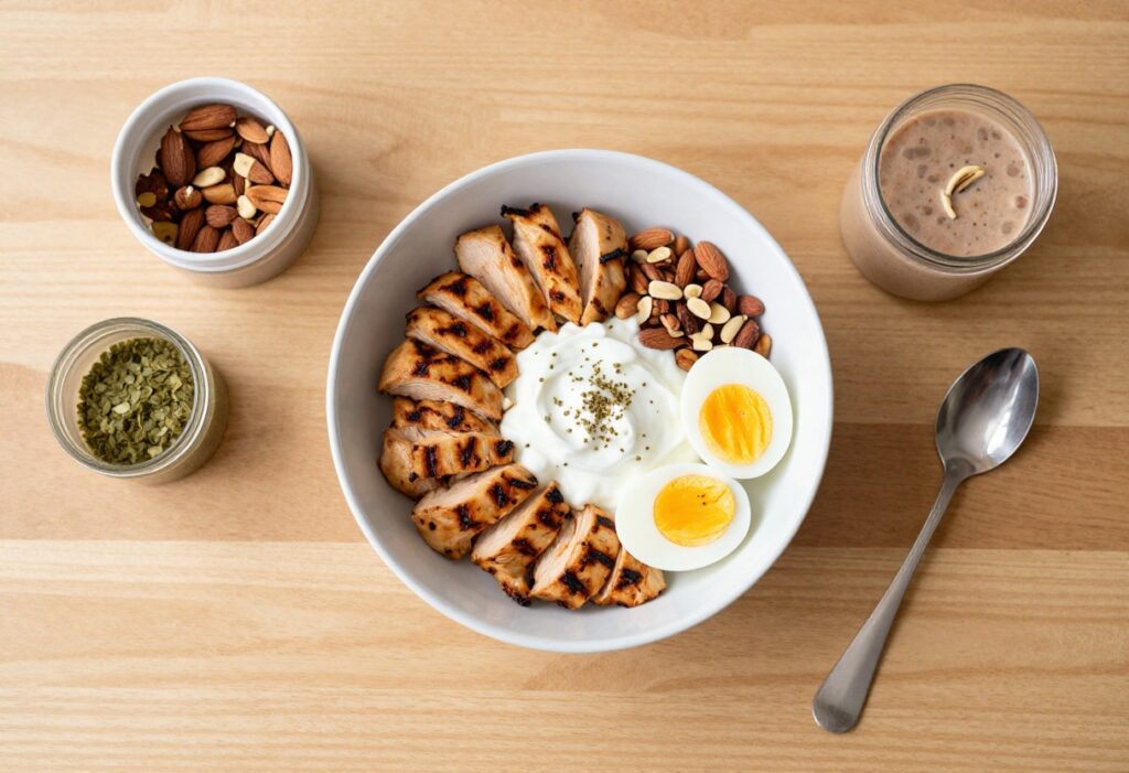 High-protein meal spread with chicken, yogurt, eggs, shake, and nuts on a wooden table