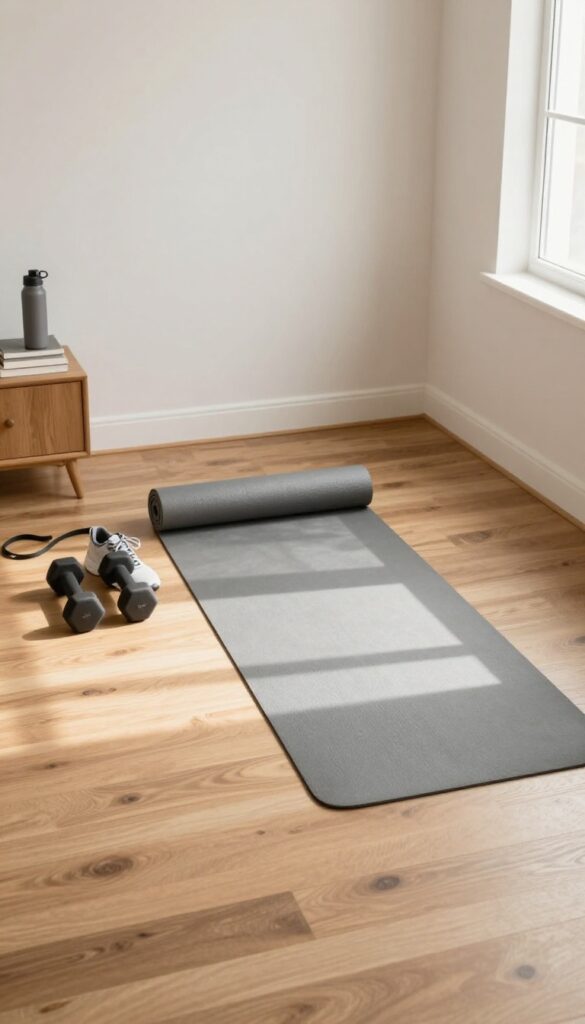 Home workout setup with yoga mat, dumbbell, resistance band, sneakers, and water bottle in a bright living room corner