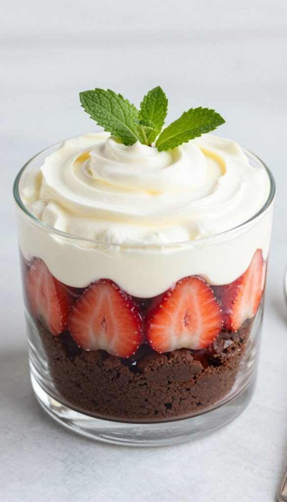 No-bake strawberry brownie trifle in a glass dish with layers of brownie crumbs, strawberries, and whipped cream, garnished with mint.