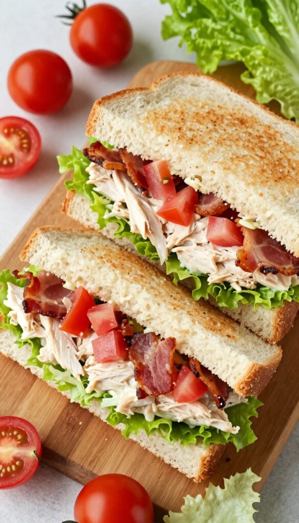 Classic BLT chicken salad sandwich on toasted sourdough bread with bacon, tomatoes, and lettuce.