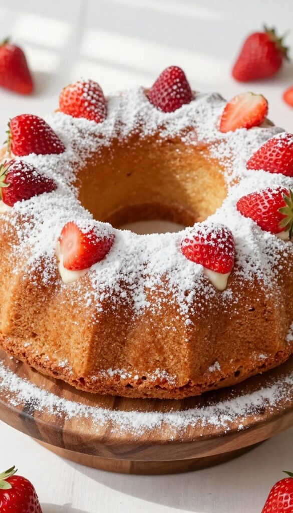 Strawberry yogurt bundt cake dusted with powdered sugar on a wooden stand with fresh strawberries