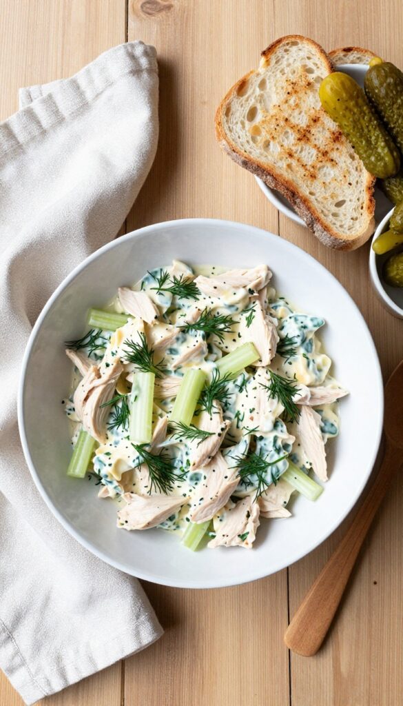 Classic creamy chicken salad with celery and pickles in a white bowl on a wooden table with toast and extra pickles.