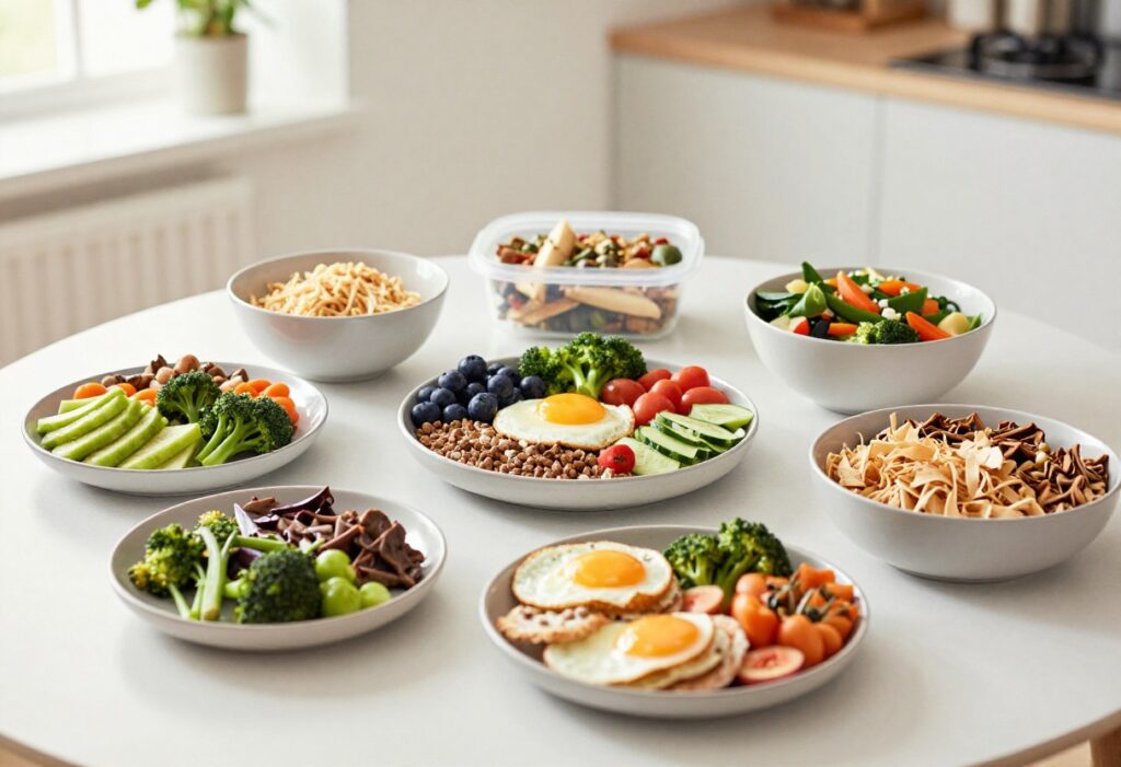 Paleo meal prep containers with whole foods on a wooden table