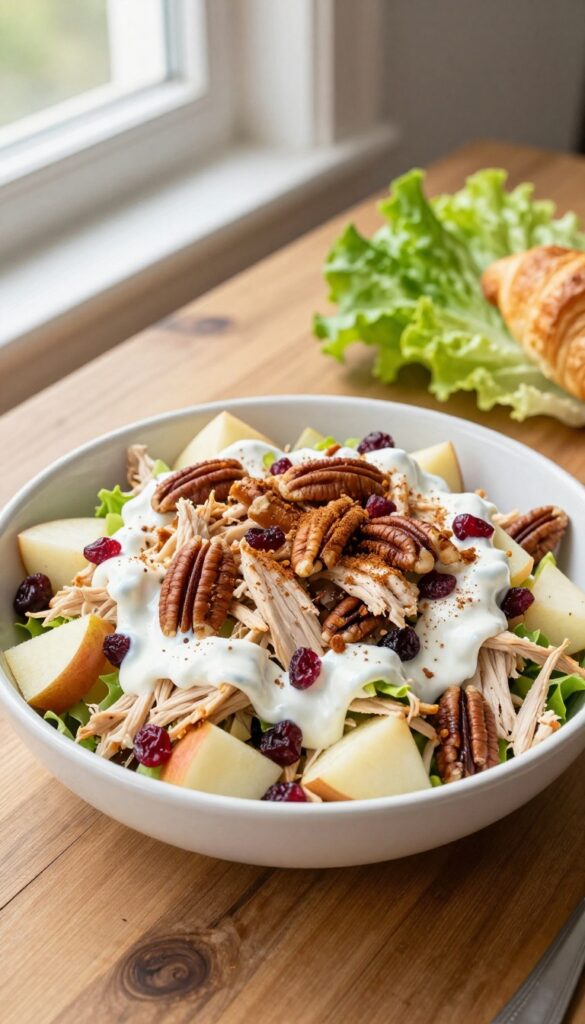 Apple pecan cranberry chicken salad in a white bowl on a wooden table with lettuce cups and croissant.