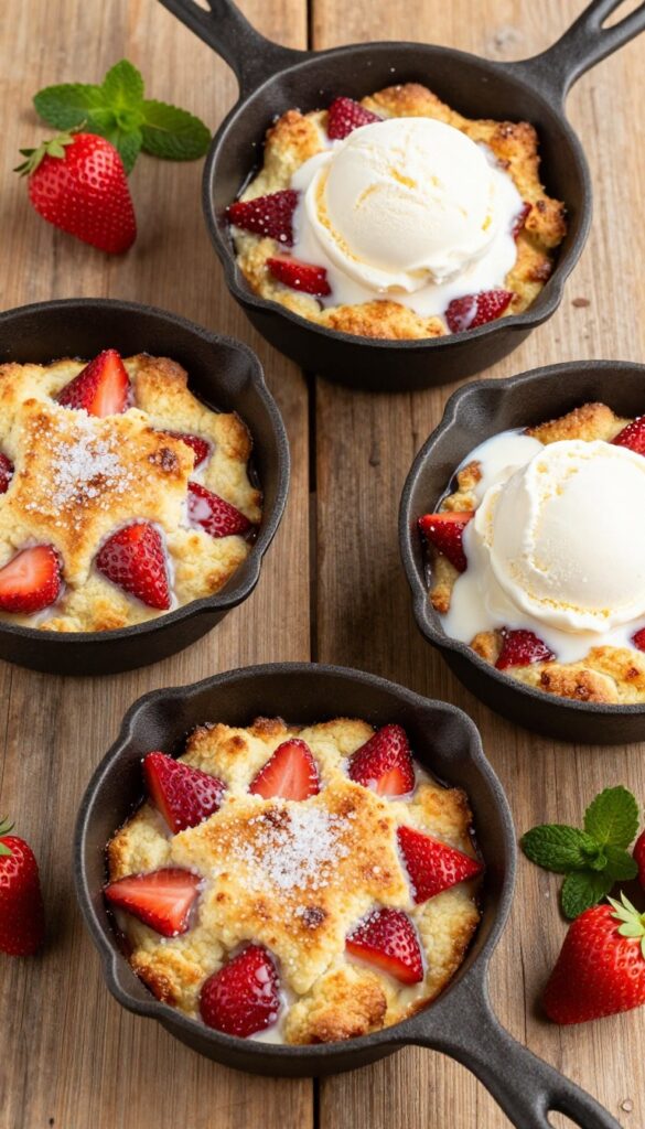 Four mini cast iron skillets with strawberry cobbler and ice cream on a wooden table