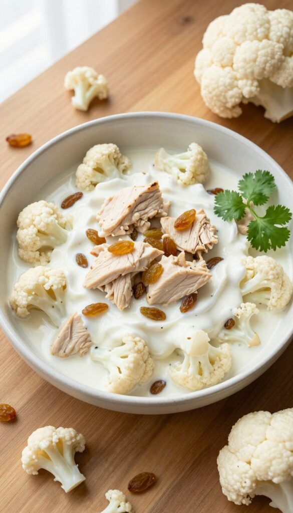 Creamy curried chicken salad with soft cauliflower and golden raisins in a bowl on a wooden table