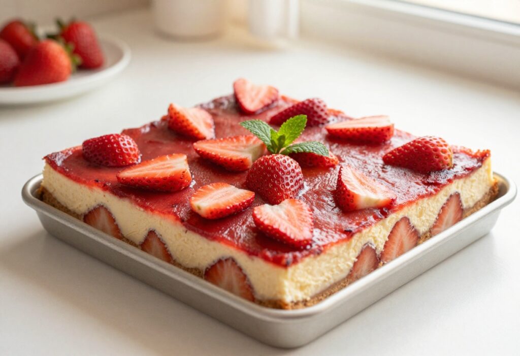 Strawberry cheesecake bars in a baking dish with fresh strawberries and mint