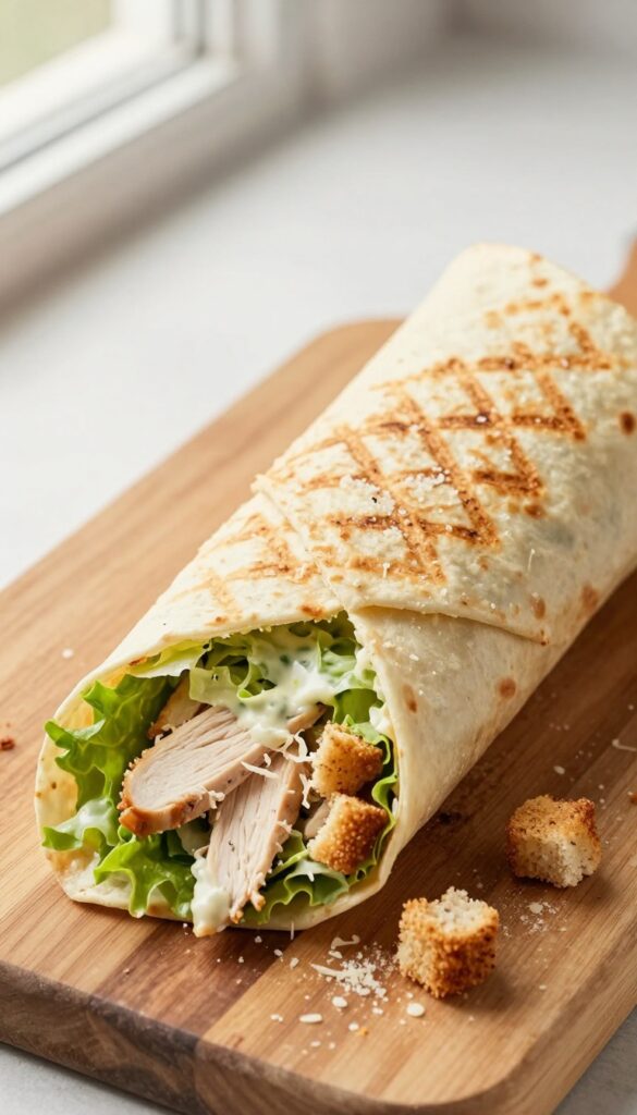 Shredded chicken Caesar wrap cut in half on a wooden board, showing crunchy crouton crumbs and creamy filling.