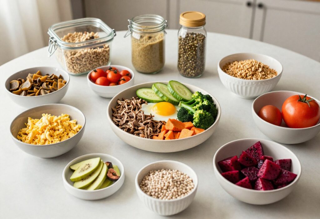 Liquid diet foods including broth, juice, gelatin, and smoothie on a wooden table