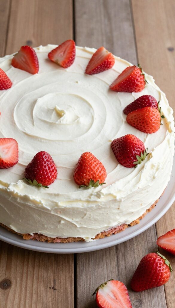 Strawberry sheet cake with cream cheese frosting on a wooden table, topped with fresh strawberries.