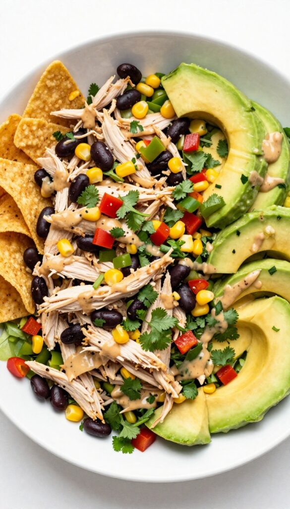 Classic Southwest chicken salad with creamy chipotle dressing in a white bowl, top-down view.